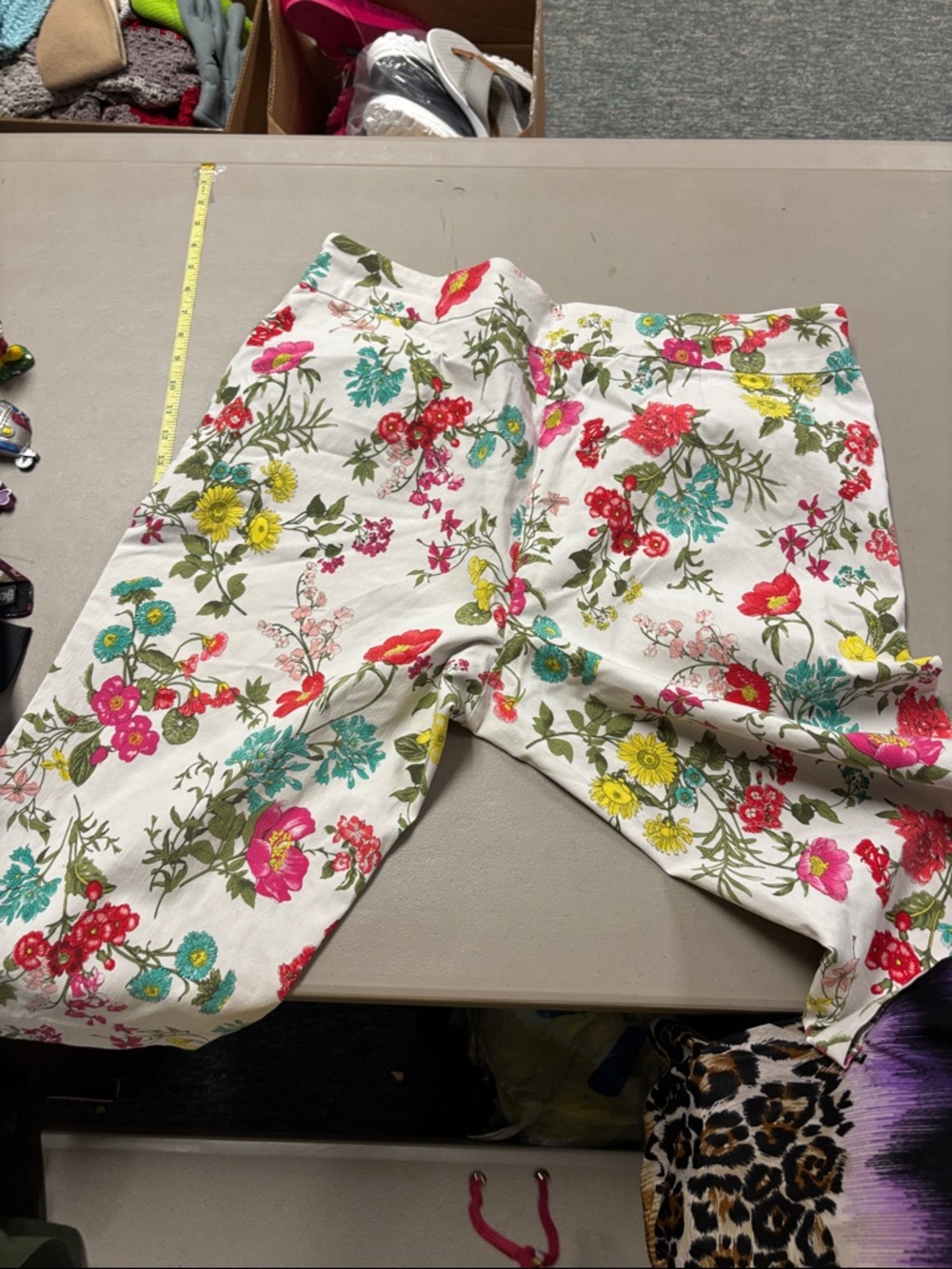 Terra & Sky White Floral Capri Pants with Pink, Yellow & Teal Flowers - Picture 6 of 6